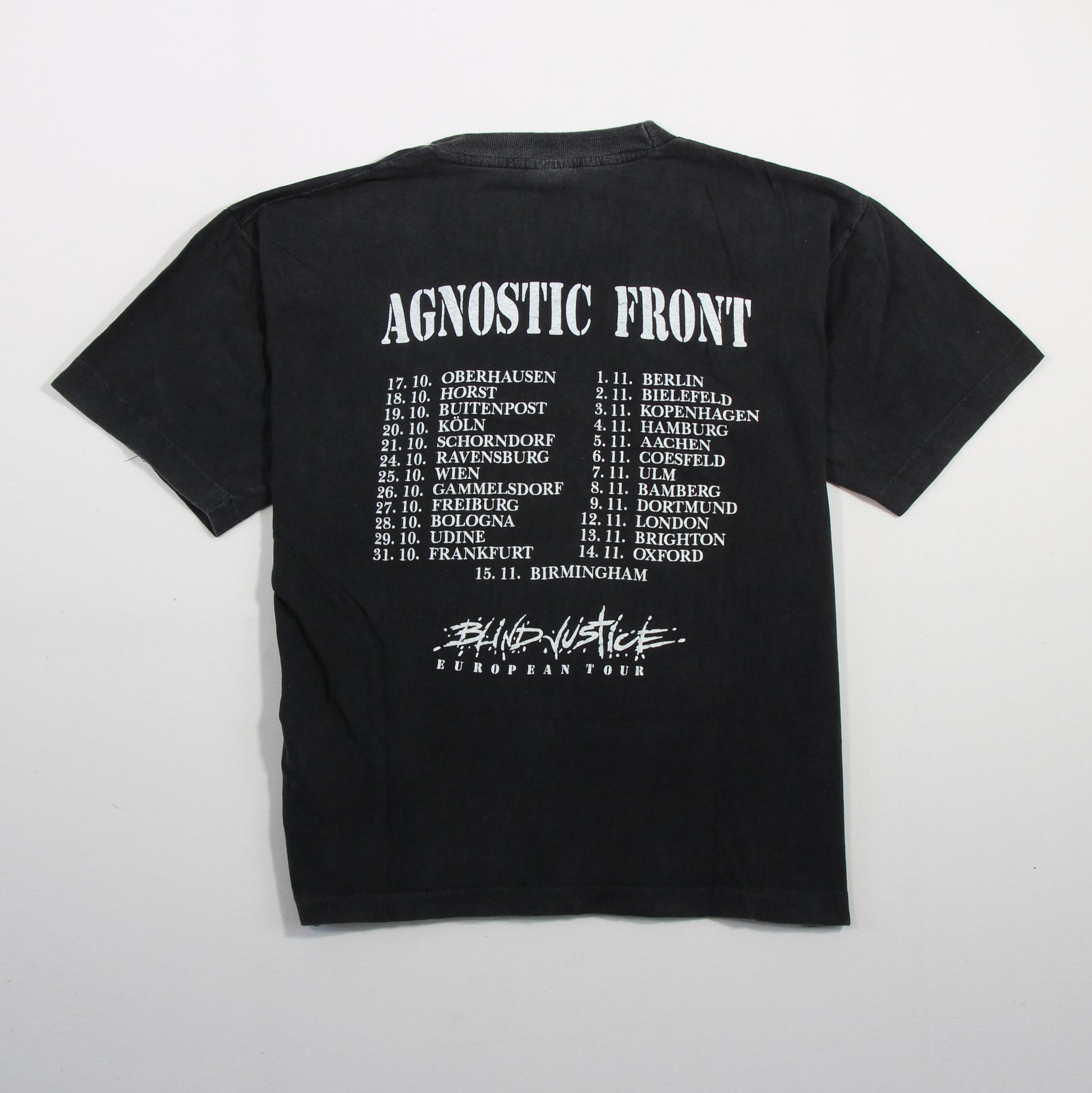 agnostic front blind justice european tour 1990 vintage shirt m