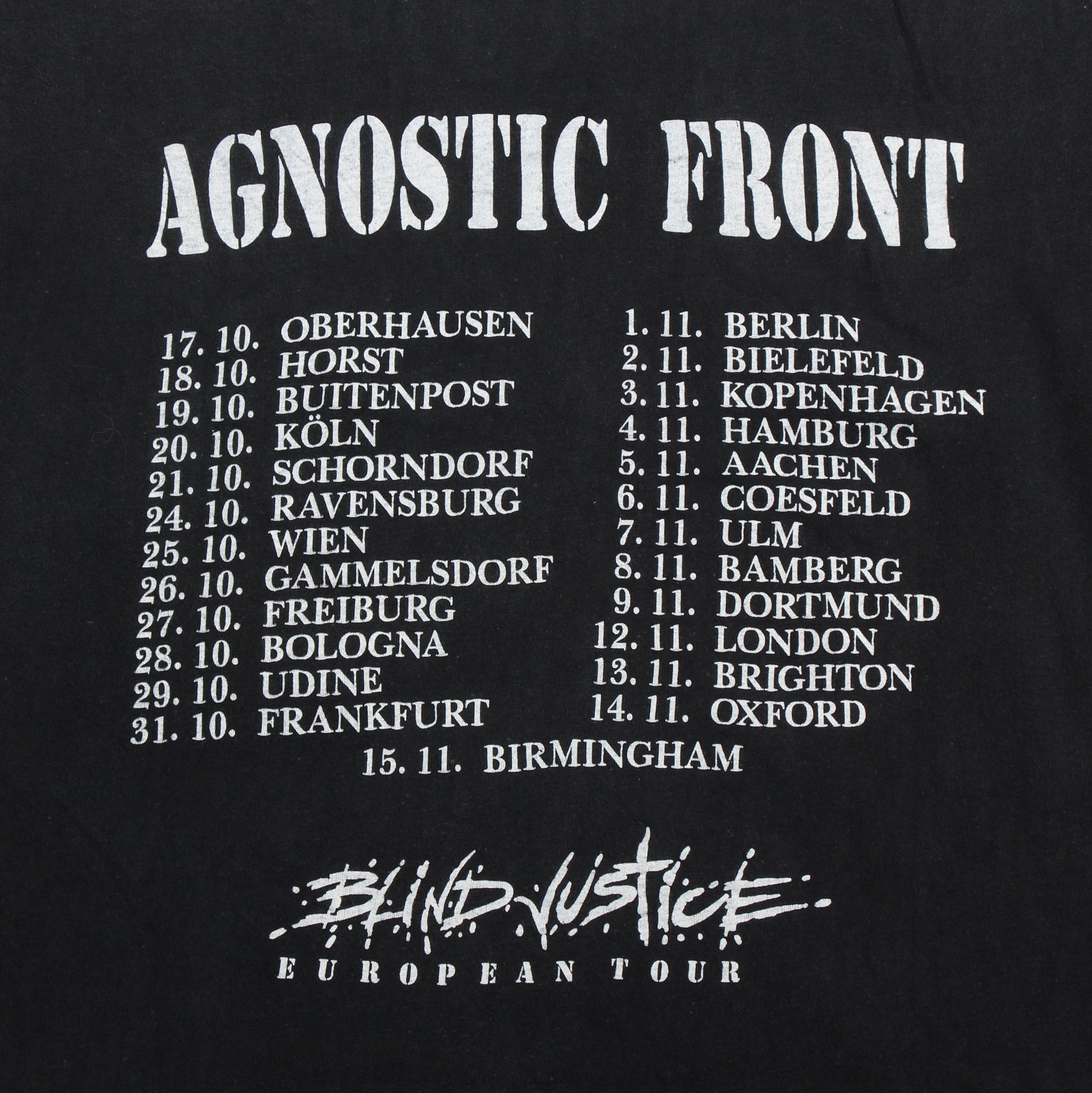 agnostic front blind justice european tour 1990 vintage shirt m